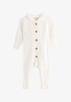 Weißer gestrickter Overall mit Kapuze, mit einem Kabeldesign, gerippten Akzenten und Holzknöpfen vorne. Weicher Stoff und lange Ärmel.