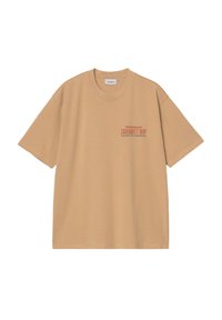 Camiseta de algodón beige con mangas cortas, escote redondo y texto de logo impreso en naranja oscuro en la parte izquierda del pecho.