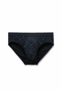 Černé spodní prádlo s malými modro-bílými tečkami, vyrobené z měkkého materiálu s bezešvým designem a elastickým pasem.