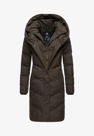 Brown, long puffer coat with a high collar, oversized hood, zip closure, and quilted texture. Features two side pockets and subtle branding.