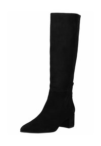Botas negras de ante hasta la rodilla con punta afilada y tacón cuadrado, que presentan una textura suave y un diseño minimalista.