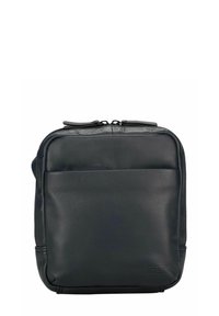 Sac en cuir noir de forme rectangulaire, doté d'une poche avant et d'une fermeture éclair sur le dessus. Texture lisse avec une quincaillerie minimale.