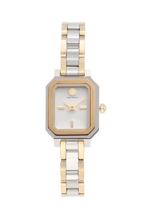 Dwukolorowy, prostokątny zegarek na rękę Tory Burch w kolorze złota i srebra z minimalistyczną tarczą i połączonym metalowym paskiem.