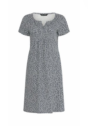 Mørkeblå kjole med korte ærmer og hvid marguritblomstermønster, rund halsudskæring med et lille V-udsnit, knælængde.