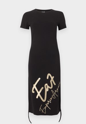 Μαύρο midi φόρεμα με κοντό μανίκι και χρυσό λογότυπο "EA7 Emporio Armani" τυπωμένο διαγώνια στην κάτω μπροστινή πλευρά.