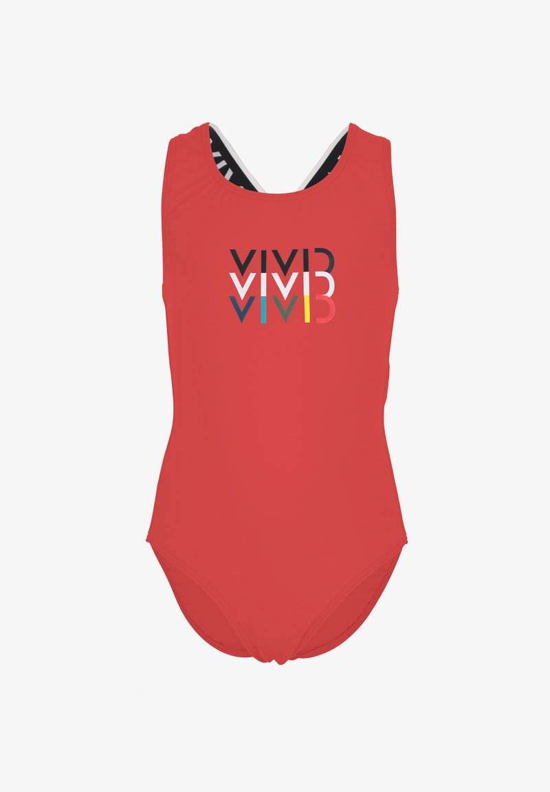 Roter Einteiler-Badeanzug mit rundem Ausschnitt, ausgestattet mit einem grafischen "VIVID"-Logo in Schwarz, Weiß und lebendigen Farben, kontrastierendes Innenfutter.