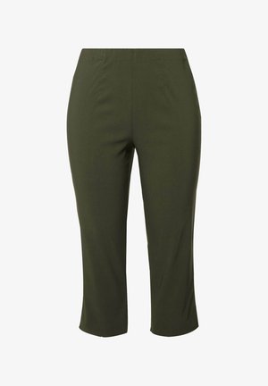 Pantaloni corti verde oliva in tessuto liscio, con taglio dritto, vita elasticizzata e senza motivi o dettagli di metallo visibili.