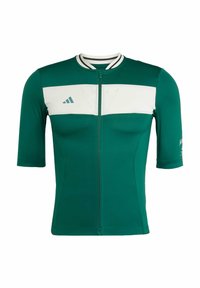 Grünes kurzärmliges Trikot aus atmungsaktivem Material mit einem weißen Brustbereich, Reißverschluss, gestreiftem Kragen und Logodetail.