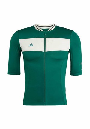 Grünes kurzärmliges Trikot aus atmungsaktivem Material mit einem weißen Brustbereich, Reißverschluss, gestreiftem Kragen und Logodetail.