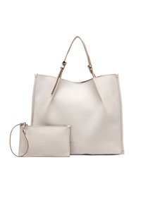 Grande borsa a tracolla in pelle grigia con due manici, superficie texturizzata e una piccola pochette abbinata con un cinturino da polso. Caratterizzata da un design minimalista.