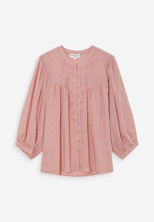 Blouse rose à manches longues avec encolure ronde, fermeture à boutons sur le devant, empiècement froncé et manches amples plissées avec poignets boutonnés.