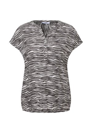 Svart och vit randig kortärmad blus med V-hals, försedd med knapprad och mjukt tyg.