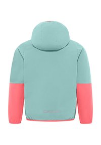 Hellblaues Jackett mit Kapuze, ausgestattet mit korallenfarbenen Ärmeln. Glatte Textur, elastische Bündchen und ein reflektierender Streifen am Rücken.