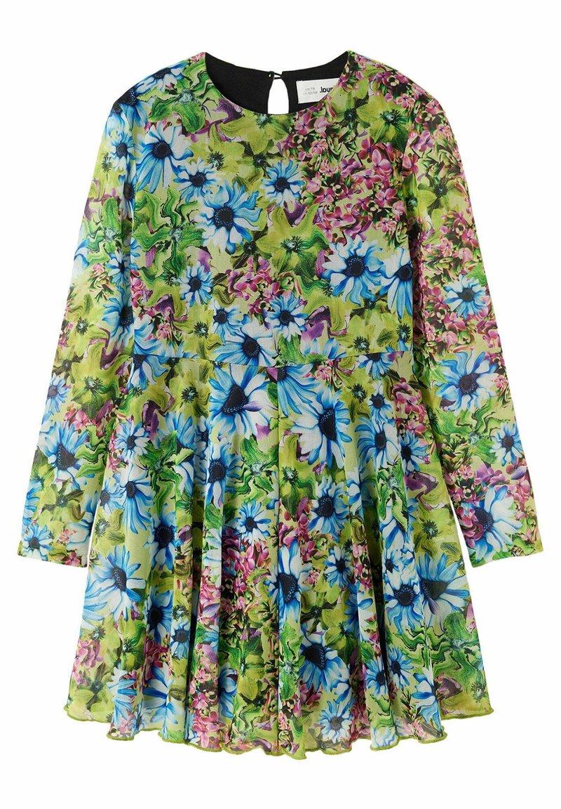 Robe à manches longues avec fond vert et motif floral lumineux en bleu, violet et rose, avec un col rond et une jupe plissée.