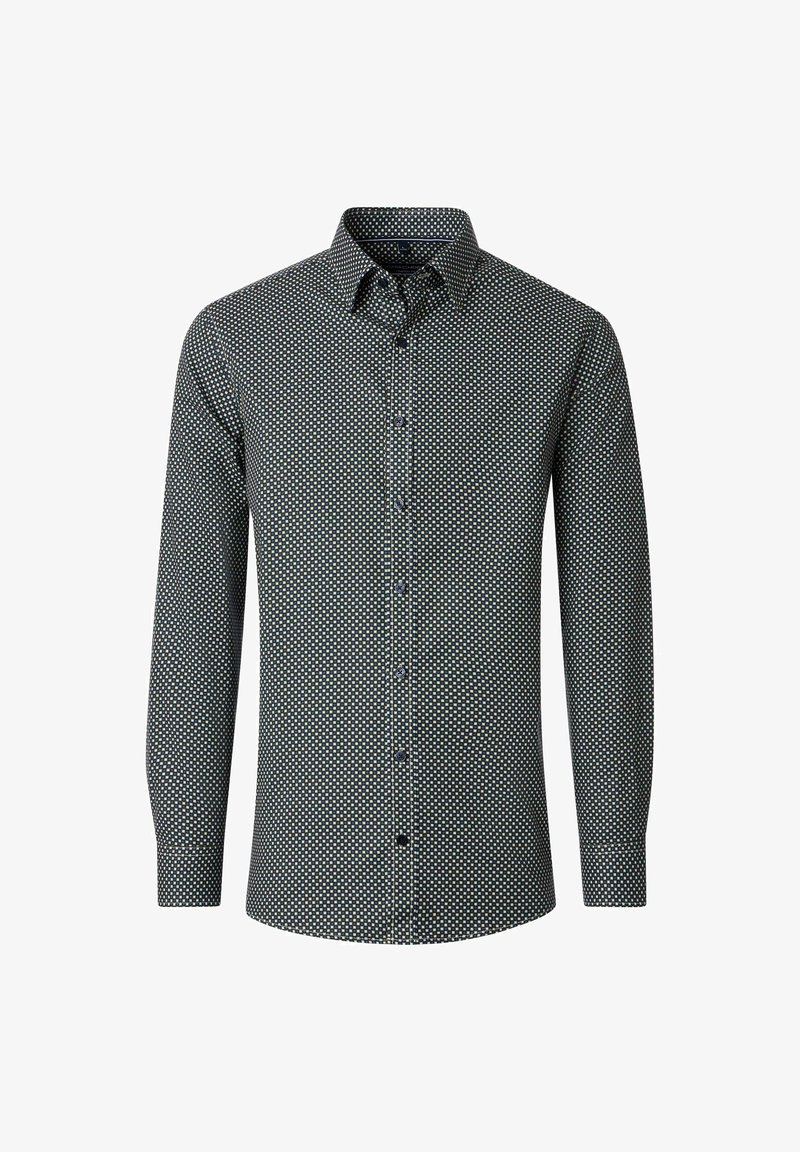 Men’s long-sleeve button-up shirt with a small black and white checkered pattern and a classic collar.