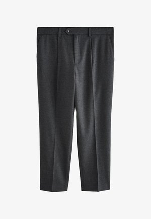 Sötétszürke, texturált elegáns nadrág övbújtatókkal, elöl gombos, zipzáras, oldalzsebes, laposan fehér háttér előtt kiállítva.