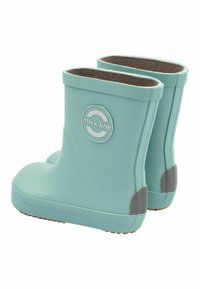 Bottes de pluie en caoutchouc bleu clair avec une forme arrondie, une partie supérieure texturée, des accents gris au talon et un logo circulaire sur le côté.