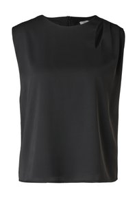 Blouse noire sans manches avec encolure ronde et fermeture éclair au dos, présentant un petit détail drapé sur l'épaule droite.
