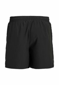Short de sport noir à taille élastique, au design simple avec des détails réfléchissants subtils près de l'ourlet.