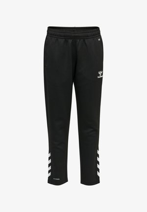 Zwarte sportbroek met elastische tailleband, zijzakken en een wit chevronpatroon langs het onderbeen. Gemaakt van een gladde, rekbare stof.