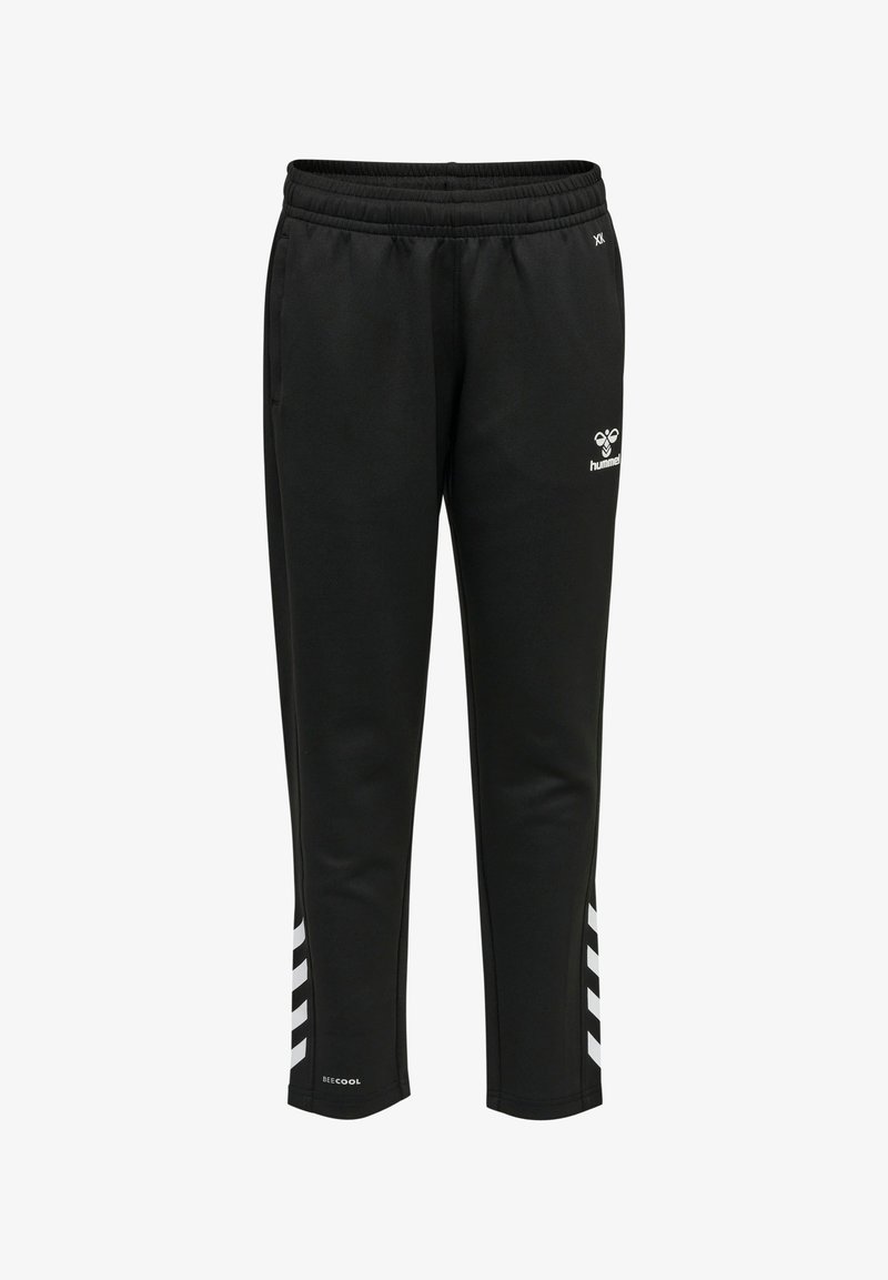 Schwarze Sporthosen mit elastischem Bund, Seitentaschen und einem weißen Zickzackmuster entlang des Unterschenkels. Hergestellt aus glattem, dehnbarem Material.