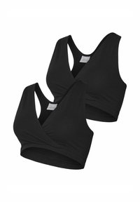 Czarne staniki sportowe z konstrukcją typu wrap, z szerokimi ramiączkami i gładką, miękką teksturą materiału. Dostępne w pakiecie po dwa.