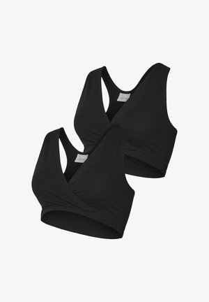 Sorte sports- bh'er med en indpakningsdesign, der har brede stropper og en glat, blød stoftekstur. Fås som et pakke med to.