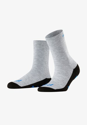 Gray socks with a black toe and heel, featuring blue accent lines near the toe. Made of a soft knit fabric with ribbed cuffs.