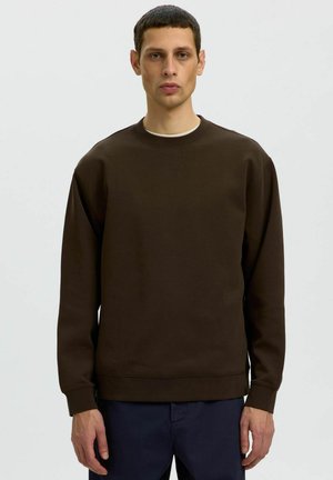 Ung mand med kort hår iført en mørkebrun langærmet crewneck-sweatshirt og mørke bukser mod en ensfarvet lys baggrund.