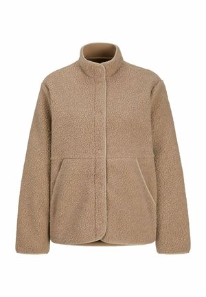 Veste en polaire beige avec col montant, boutons-pression et deux poches avant. Matériau texturé avec une bordure beige contrastante.