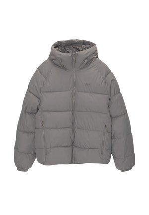 Puffer jacket in light gray, featuring a high collar, zip front, and two side pockets. Textured, quilted design with elastic cuffs.