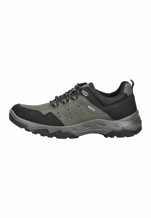Herren grauer und schwarzer niedriger Wanderschuh mit Schnürung vorne und einer profilierten Sohle für den Außeneinsatz.