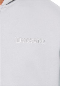 Hellgrauer Kapuzenpullover aus weichem Material, mit einem vorne links gestickten Logo "Dropsize" in fetter, stilisierter weißer Schrift.