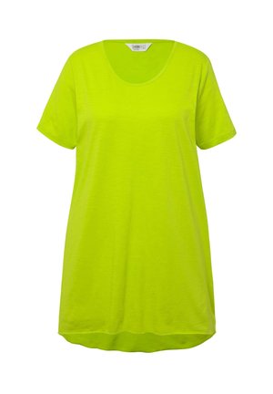 Limoengroene t-shirt jurk, korte mouwen, ronde halslijn, zachte textuur, licht uitlopend model, zoom valt net onder de heupen.