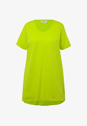 Limoengroene t-shirt jurk, korte mouwen, ronde halslijn, zachte textuur, licht uitlopend model, zoom valt net onder de heupen.