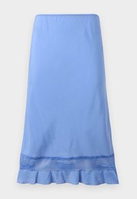 Lichtblauwe, knie-lange rok van gladde stof, met een gerimpelde zoom en een gaasaccent nabij de onderkant. Eenvoudig te dragen ontwerp.