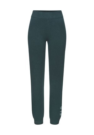 Green joggers with a smooth texture, tapered leg design, and elastic waistband. Features a white logo on the left leg.