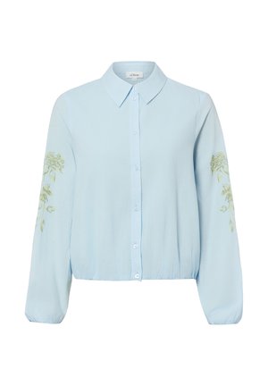 Jasnoniebieska bluzka z długim rękawem, zapinana na guziki z przodu, z ostrym kołnierzem, elastyczną talią i kwiatową haftem na obu rękawach.