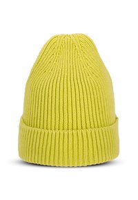 Gorro de punto en un brillante color amarillo. Cuenta con un visera doblada, textura acanalada y una forma cónica, hecho de un material suave y elástico.