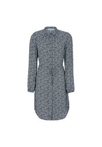 Blumenkleid mit dunkelblauem Hintergrund und weißen sowie hellblauen Blumenmustern, langen Ärmeln, einer knöpfbaren Vorderseite und einem taillierten Gürtel.