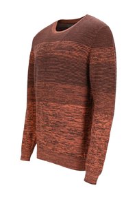 Strickpullover mit langen Ärmeln in Orangetönen und Brauntönen, mit einem strukturierten Streifenmuster und einem Rundhalsausschnitt.