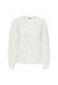 Blouse blanche ornée d'une broderie florale complexe, avec un col rond, une fermeture à boutons, et des manches longues bouffantes avec des poignets ajustés.