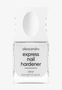 Klarer Nagelhärter in einer rechteckigen Glasflasche mit weißem Deckel. Das Etikett zeigt schwarzen Text mit dem Schwerpunkt auf "Express Nagelhärter."