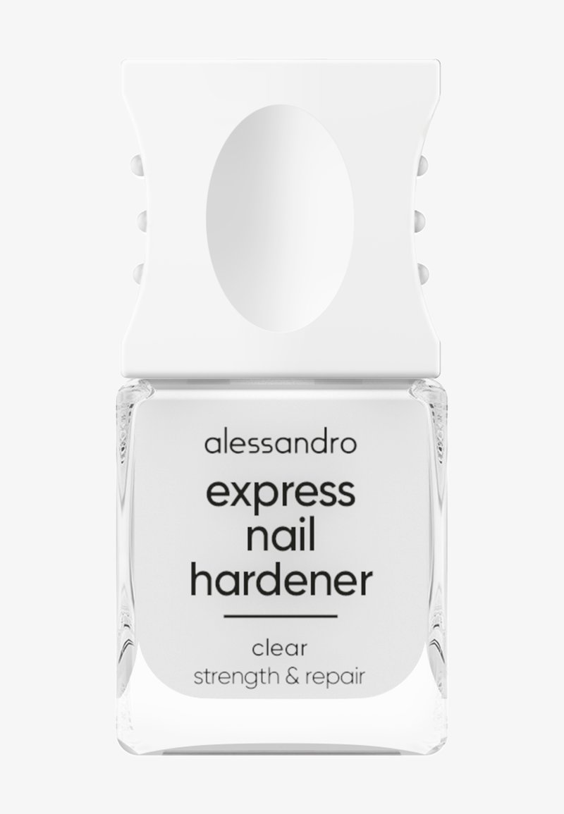 Klarer Nagelhärter in einer rechteckigen Glasflasche mit weißem Deckel. Das Etikett zeigt schwarzen Text mit dem Schwerpunkt auf "Express Nagelhärter."