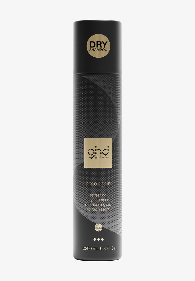 Boîte cylindrique noire de ghd rafraîchissant à nouveau le shampoing sec avec texte et design dorés et gris, taille 200 ml.