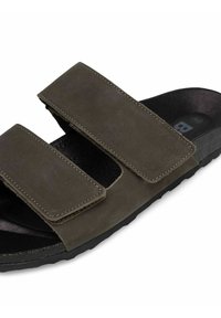 Sandalo scivoloso in pelle marrone con due cinturini regolabili, una soletta sagomata e una suola in gomma nera testurizzata.