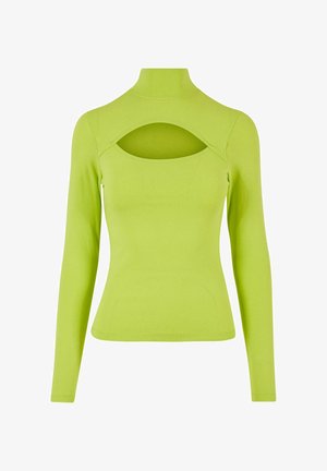 Dolga majica v svetleči limetasti zeleni barvi, z visokim ovratnikom in izrezom pod ovratnikom. Narejena iz elastičnega materiala s prilagojenim krojem.