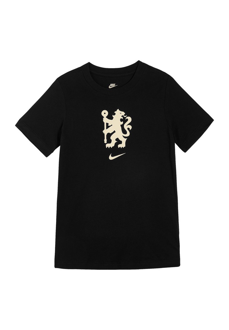 Zwarte katoenen T-shirt met korte mouwen, voorzien van een groot beige leeuwlogo en een kleine witte Nike swoosh aan de onderkant.