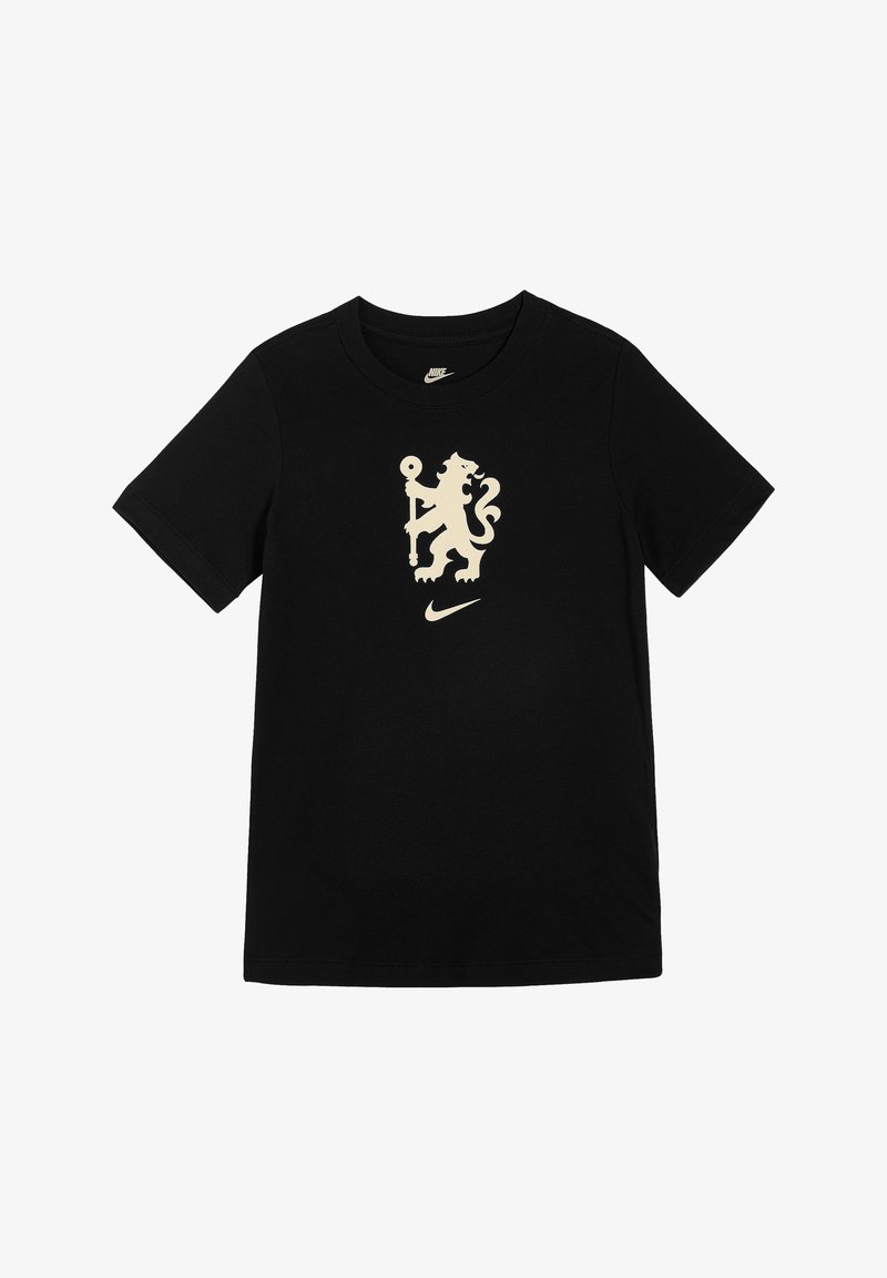 T-shirt en coton noir à manches courtes, avec un grand logo de lion beige et un petit swoosh blanc de Nike en bas.