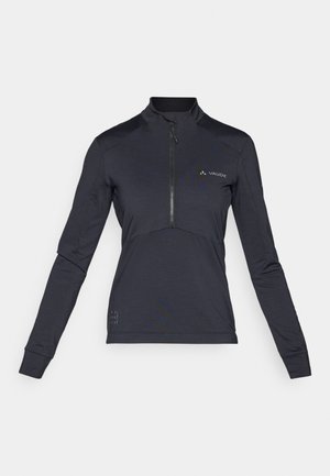 Musta pitkähihaine vetskari paita, jossa on mock neck, teksturoitu kangas, tiukka muotoilu ja huomaamaton logo rinnassa.